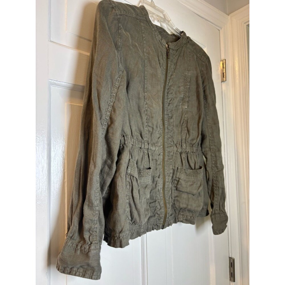 Caslon Olive Utility Zip Front Linen Jacket 2 Pockets Women MP Good Condition - Picture 3 of 7